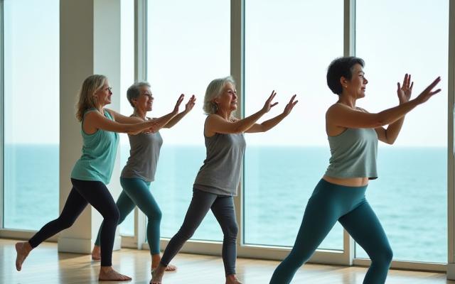 해변에서 시니어 요가를 하는 그룹